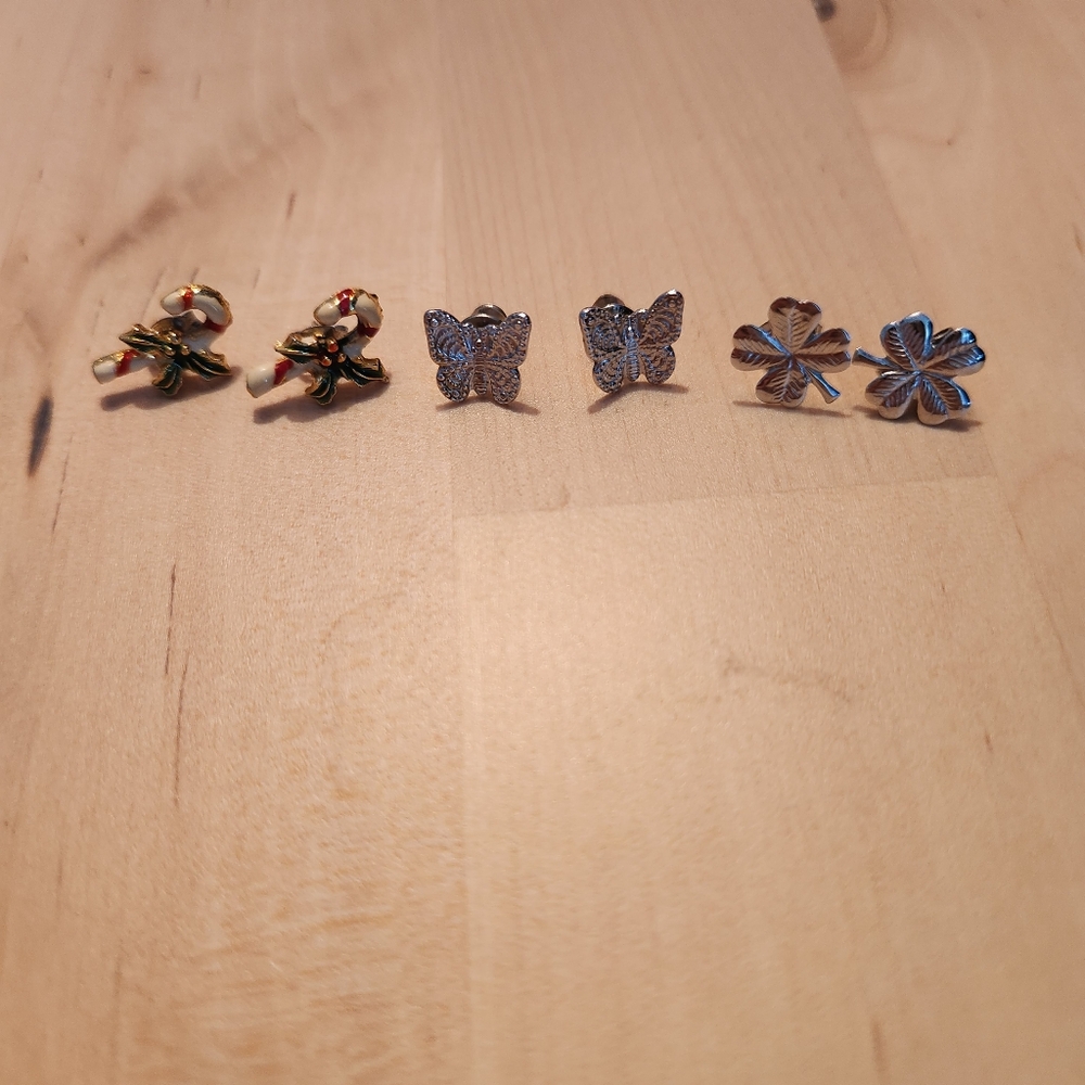 Assortment of Seasonal/Holiday Earring Studs 4 Leaf Clover Butterfly Candy Cane